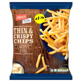A 750g bag of Jacks Thin & Crispy Chips, known for their satisfying crispiness, comes with cooking and nutritional info on the pack, and is priced at £1.79.
